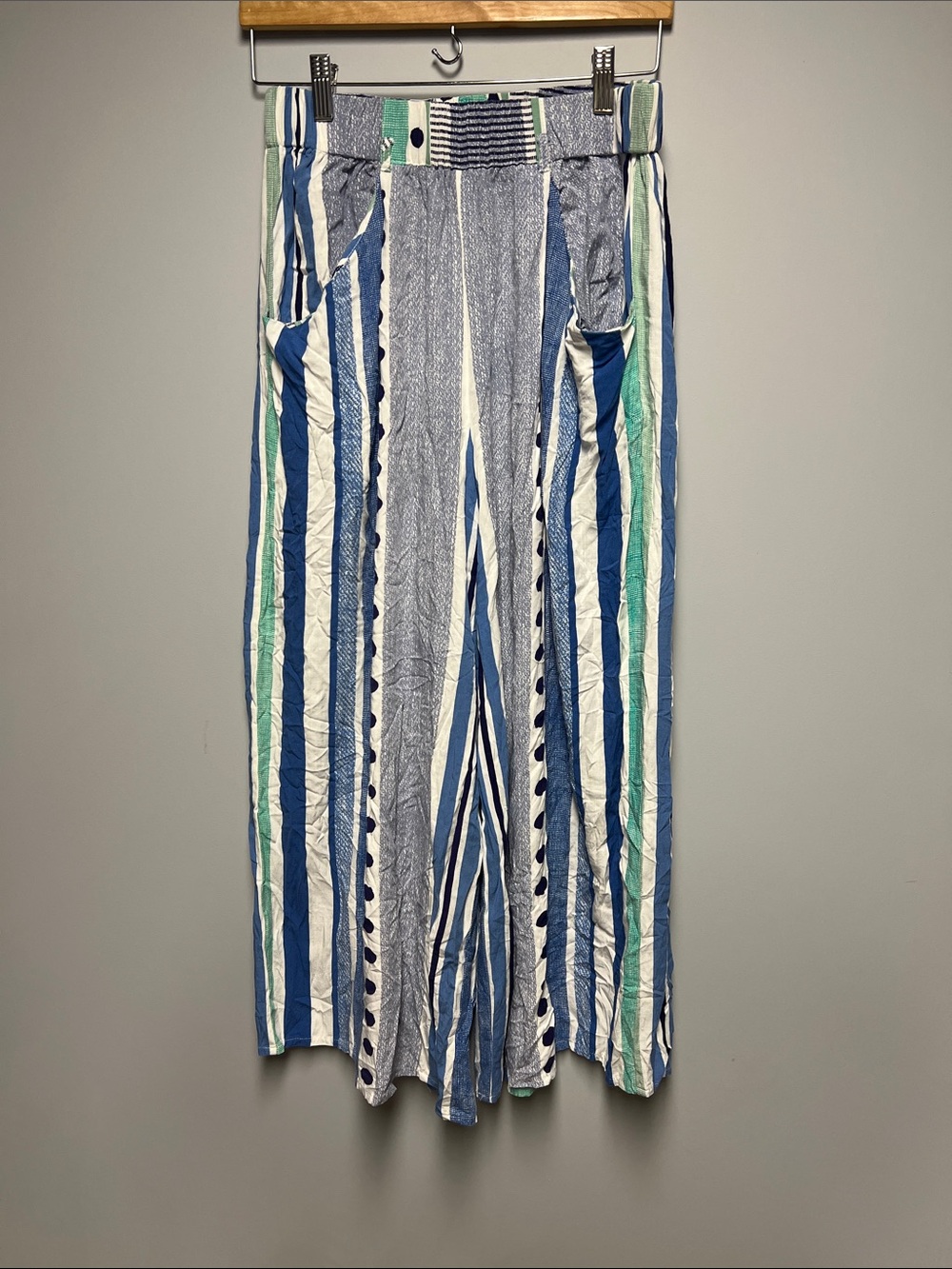 Striped Wide-Leg Trousers in Blue, White & Green